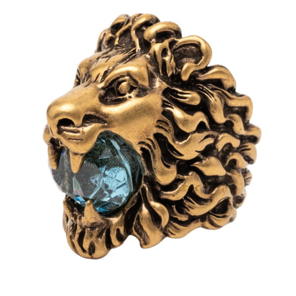 Gucci Lion Head Ring #16 Gold with Light Blue Plated Stone Women's GUCCI
